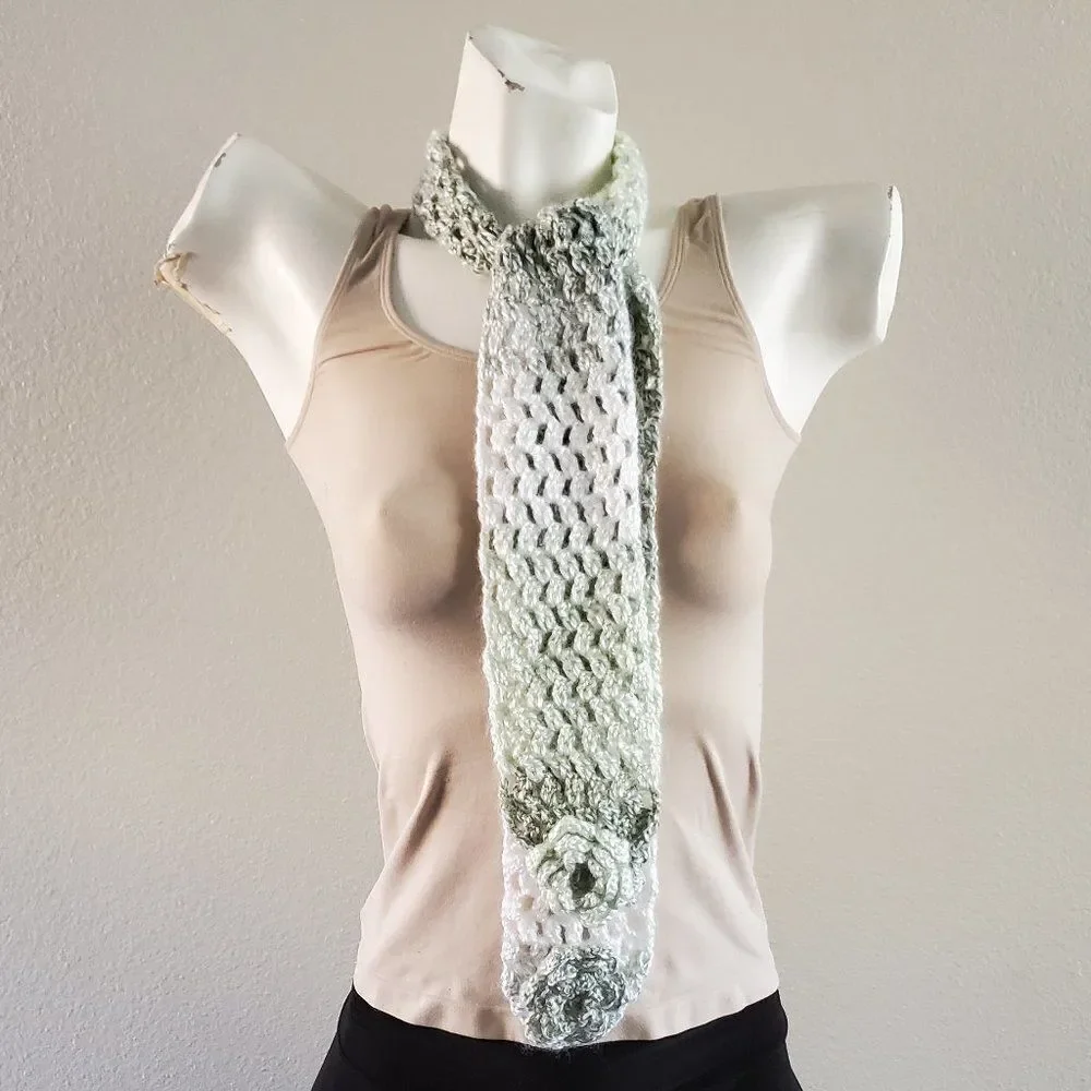 BOGO Scarf Sale - Hand Crafted ombre green and white with flowers crochet scarf